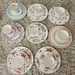 Vintage Crown Staffordshire Bone China Tea Cup, Saucer, and Salad Plate sets