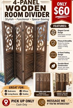 4-panel wooden room divider – $60 pick up only