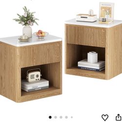 Yusong Night Stand Set of 2, Wood Fluted Nightstand, 22" Large Bedside Table End Table with Faux Marble Wood Top, Modern Night Stands with Drawer Stor