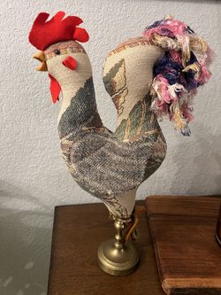 Handmade Tapestry-style Fabric Rooster on Brass (Candlestick) Stand