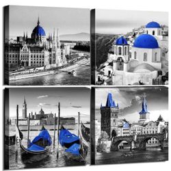 NEW! Black and White City Wall Art Decor Navy Blue European Mediterranean Landscape Building Venice