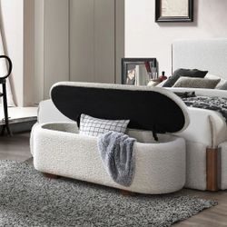 Sandro Beige Boucle Storage Bench with Walnut Finish
