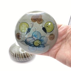 Tonala Round Lidded Trinket Dish High Gloss Hand Painted Floral & Butterfly Design Mexico 