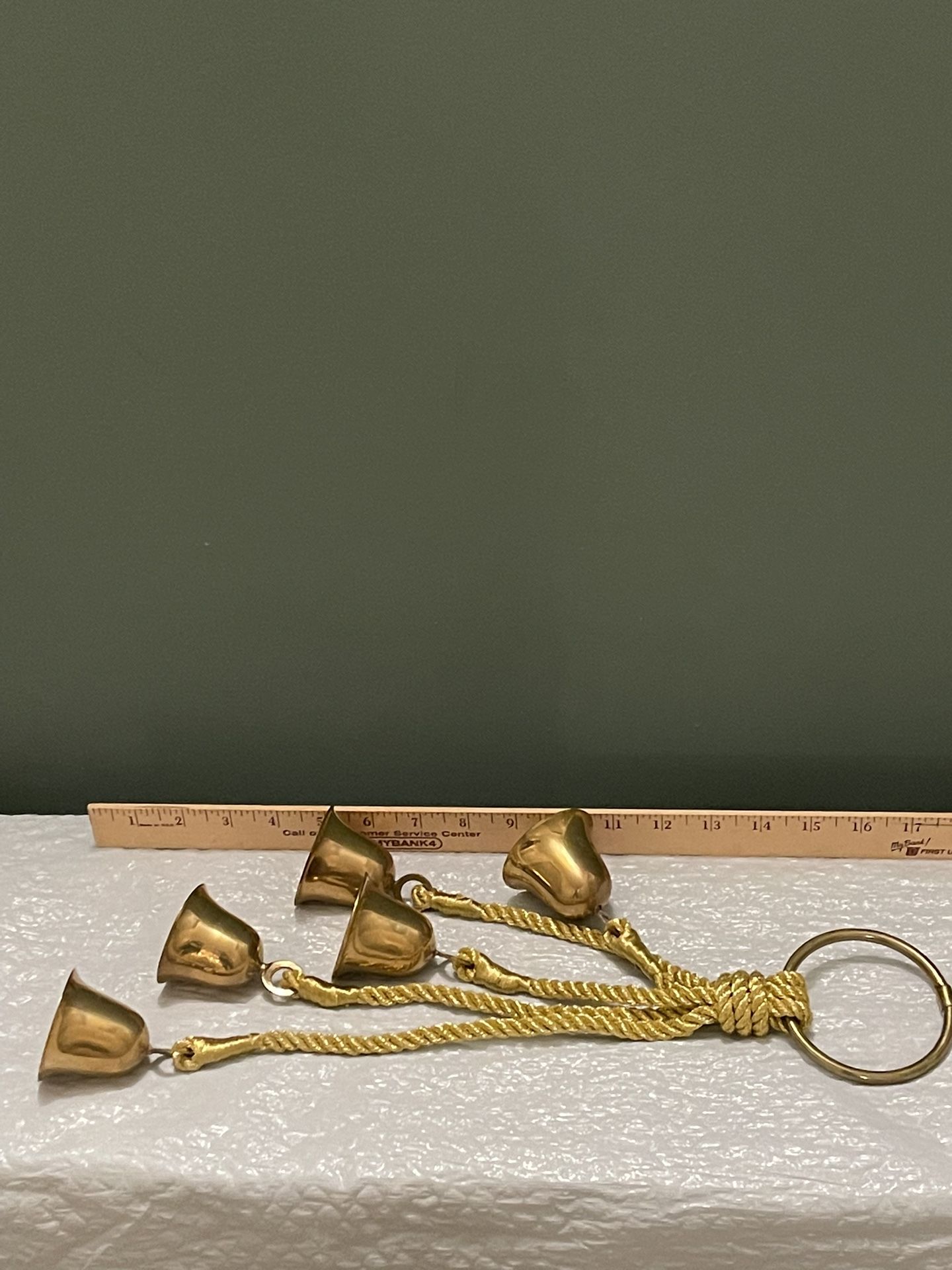 FIVE (5) 2" Polished BRASS BELLS on Golden Cord - posted price is firm.