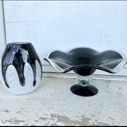 Hand Blown Murano Art-Glass Paint Drip Style & Ribbed Glass Pedestal Flower Centerpiece