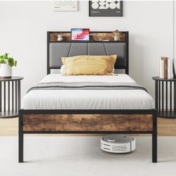Full Size Bed Frame with Storage Headboard and Charging Station - New In Box