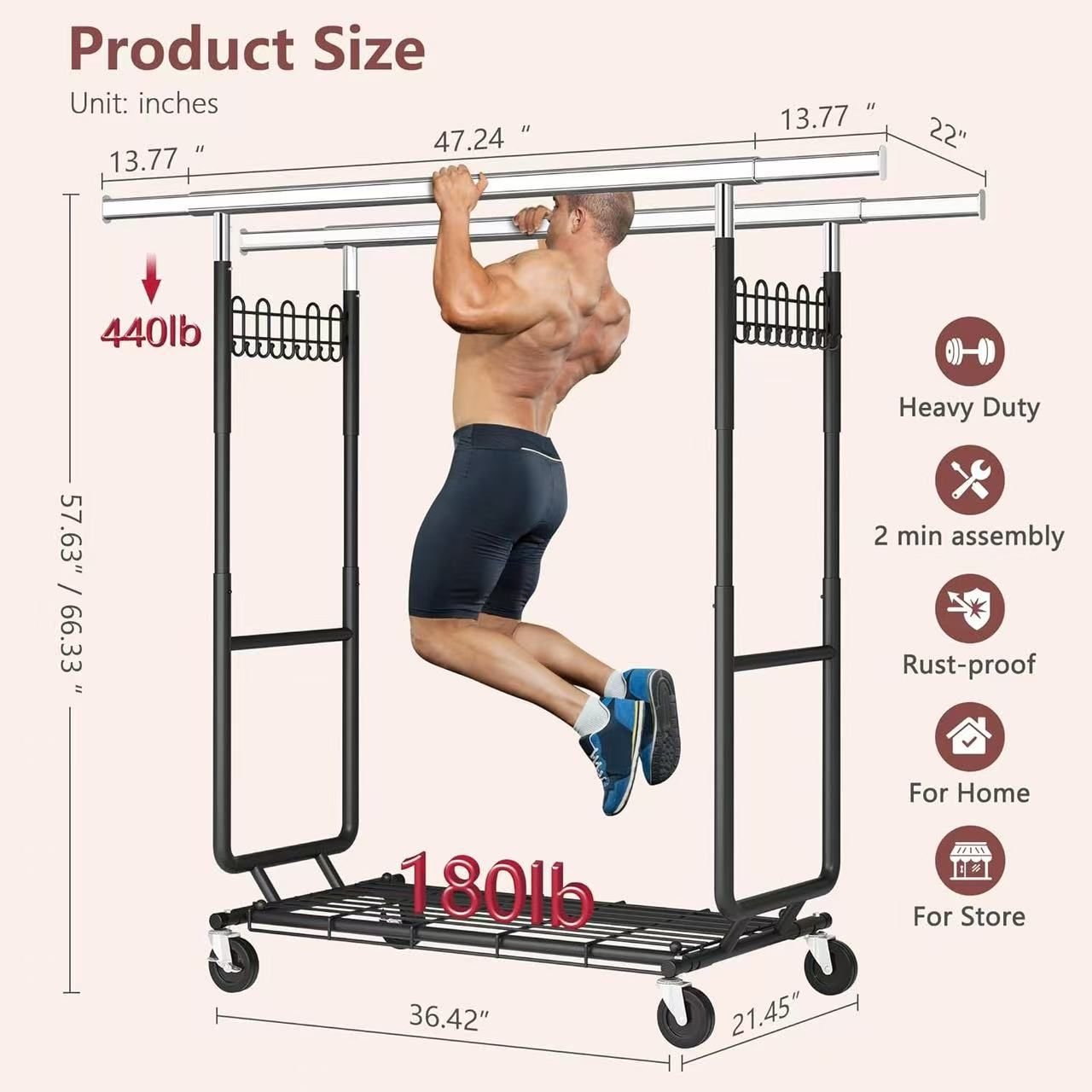 🥨2-Minute Assembly Double Rod Clothes Rack, Heavy Duty Rolling Clothing Racks with Wheels, Foldable Commercial Garment Rack, Extendable Hanging Bar