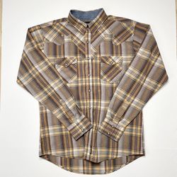Wrangler Mens Plaid Pearl Snap Long Sleeve Shirt Retro Brown size L