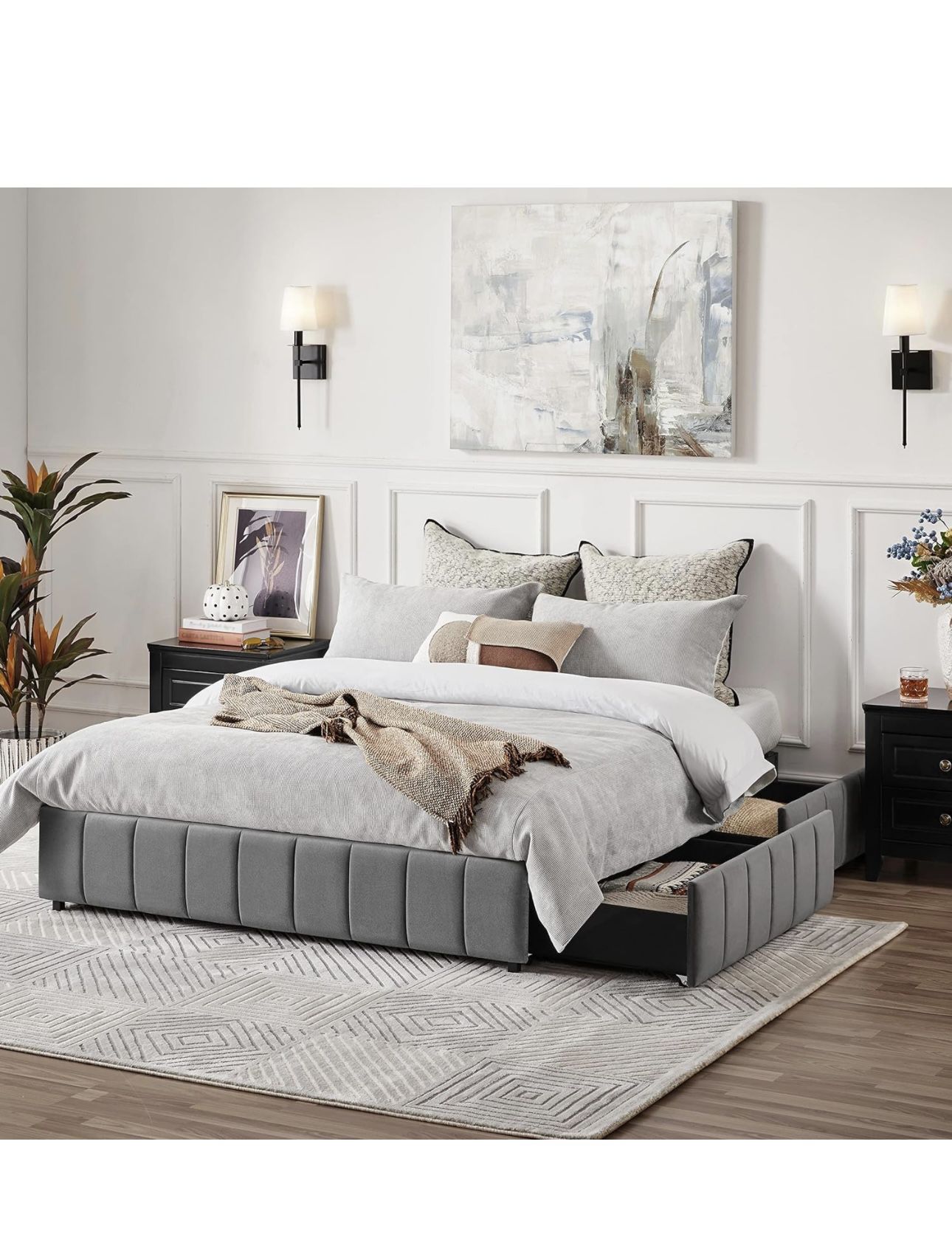 Bed Frame Upholstered Platform Bed with 4 Storage Drawers, Large Storage Space/Strong Wooden Slats/Non-Slip and Noise-Free/No Fixed Headboard/No Box S