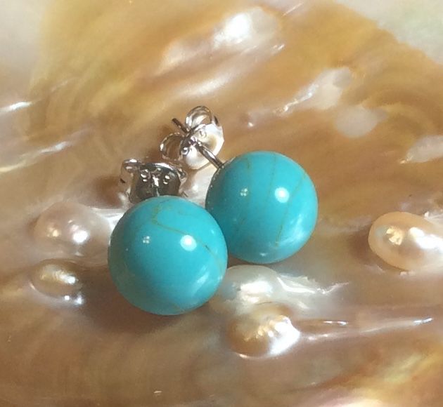 Genuine, Real Blue Turquoise 10 Mm Point 925 Sterling Silver Stud Earrings.   SG-0070