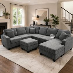 Chenille fabric sectional sofa with ottoman