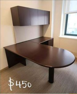 DARK BROWN L-SHAPED OFFICE DESK WITH WALL OVERHEAD