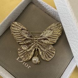 Gold Butterfly Brooch With Pearl Pendant 