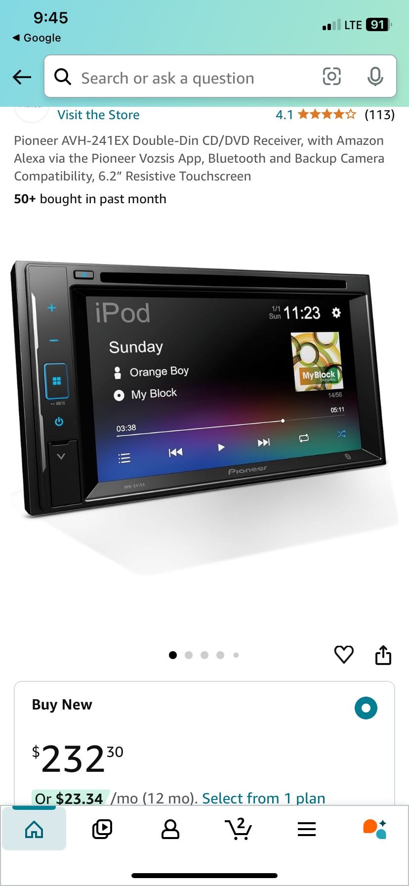Pioneer AVH-241EX Double-Din CD/DVD Receiver, with Amazon Alexa via the Pioneer Vozsis App, Bluetooth and Backup Camera Compatibility, 6.2” Resistive