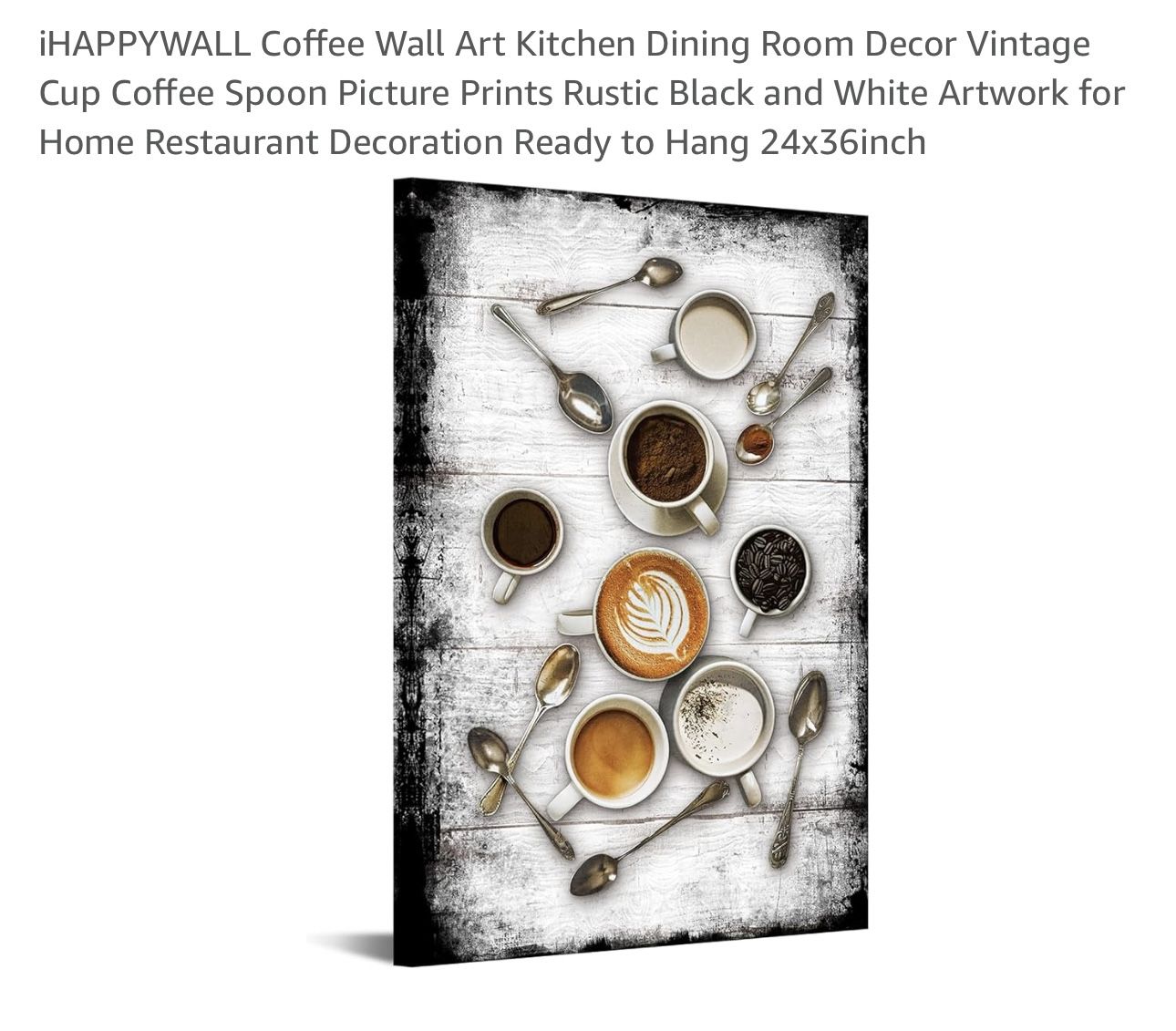 iHAPPYWALL Coffee Wall Art Kitchen Dining Room Decor Vintage Cup Coffee Spoon Picture Prints Rustic Black and White Artwork for Home Restaurant Decora