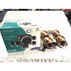 Brand New In The Box (Logitech Z-640) Surround Sound Speaker System With Scoring Touchdowns Riddell 49Ers Mini Football Helmets. 