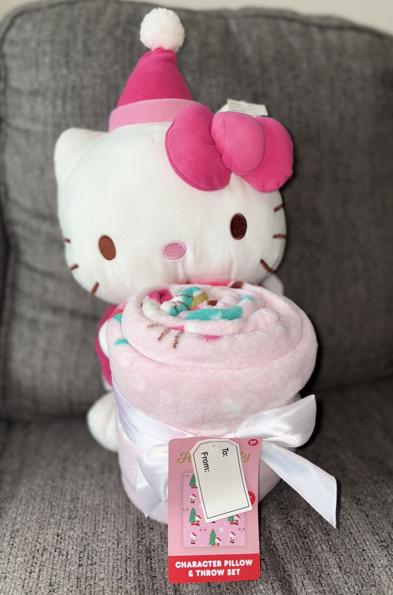 Brand New Kids Hello Kitty Plush Doll + Throw Blanket Gift Set – Christmas Themed