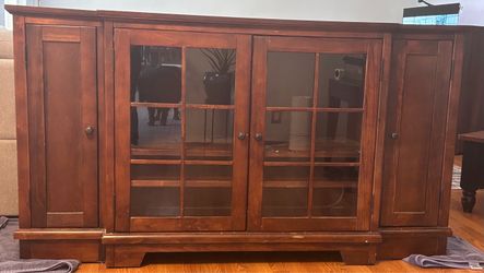 Media Console with Glass Door Cabinet, TV Stand