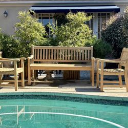 Teak Warehouse Wave Seating Set, 6’ Bench and 2 Matching Chairs