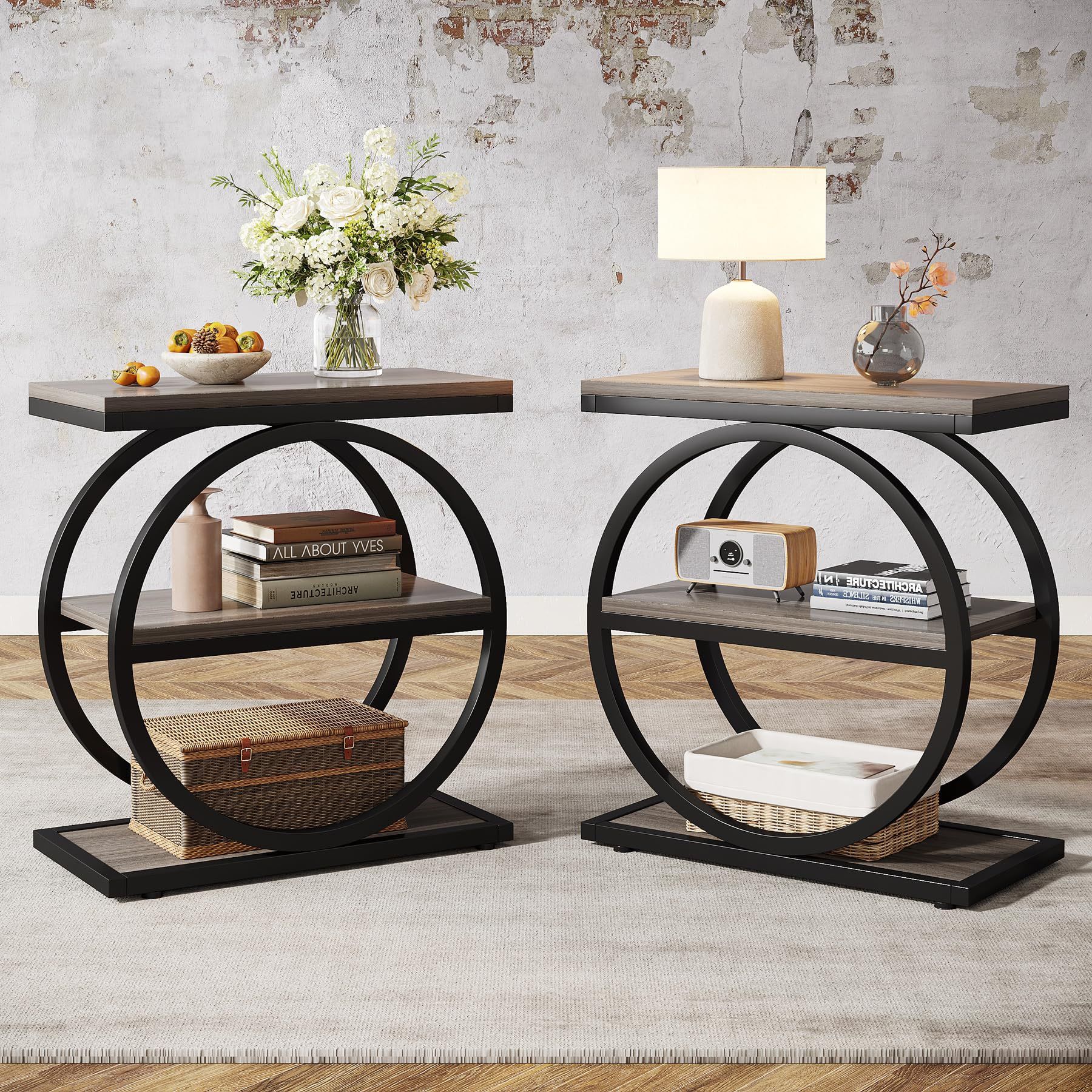 End Table Set of 2, Narrow End Table with 3 Storage Shelves, Wooden Side Table with Metal Frame, Small Sofa Side Table for Living Room, Grey Nightstan