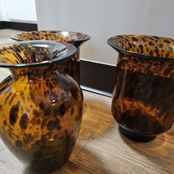 Vintage Hand Blown Amber Tortoise Shell Glass Hurricane Vase Large Candle Holder