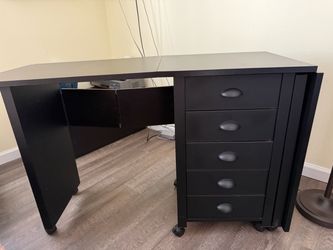 Black Wood Craft Table with 5-Drawer Rolling Cabinet