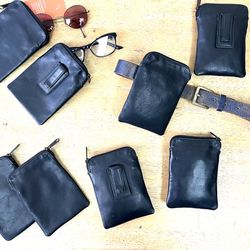 8 Black Leather Pouches. Vintage 1980s/90s