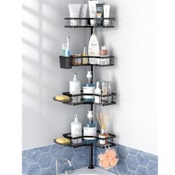 Corner Shower Caddy Tension Pole: 4-Tier Rust-Resistant Adjustable Bathroom Organizer Shelves - 47-121 Inch No-Drill Quick Installation - Space-Saving