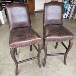 Two Barstools - Pottery Barn Upholstered Leather Seats With Wood Frame. 