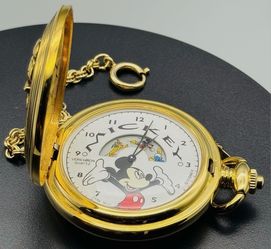 Disney Mickey Mouse Pocket Watch Verichron Quartz Gold Tone with Chain and Box