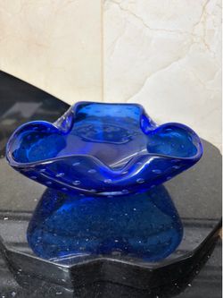 Vintage Murano Art glass ashtray bowl cobalt blue controlled bubbles