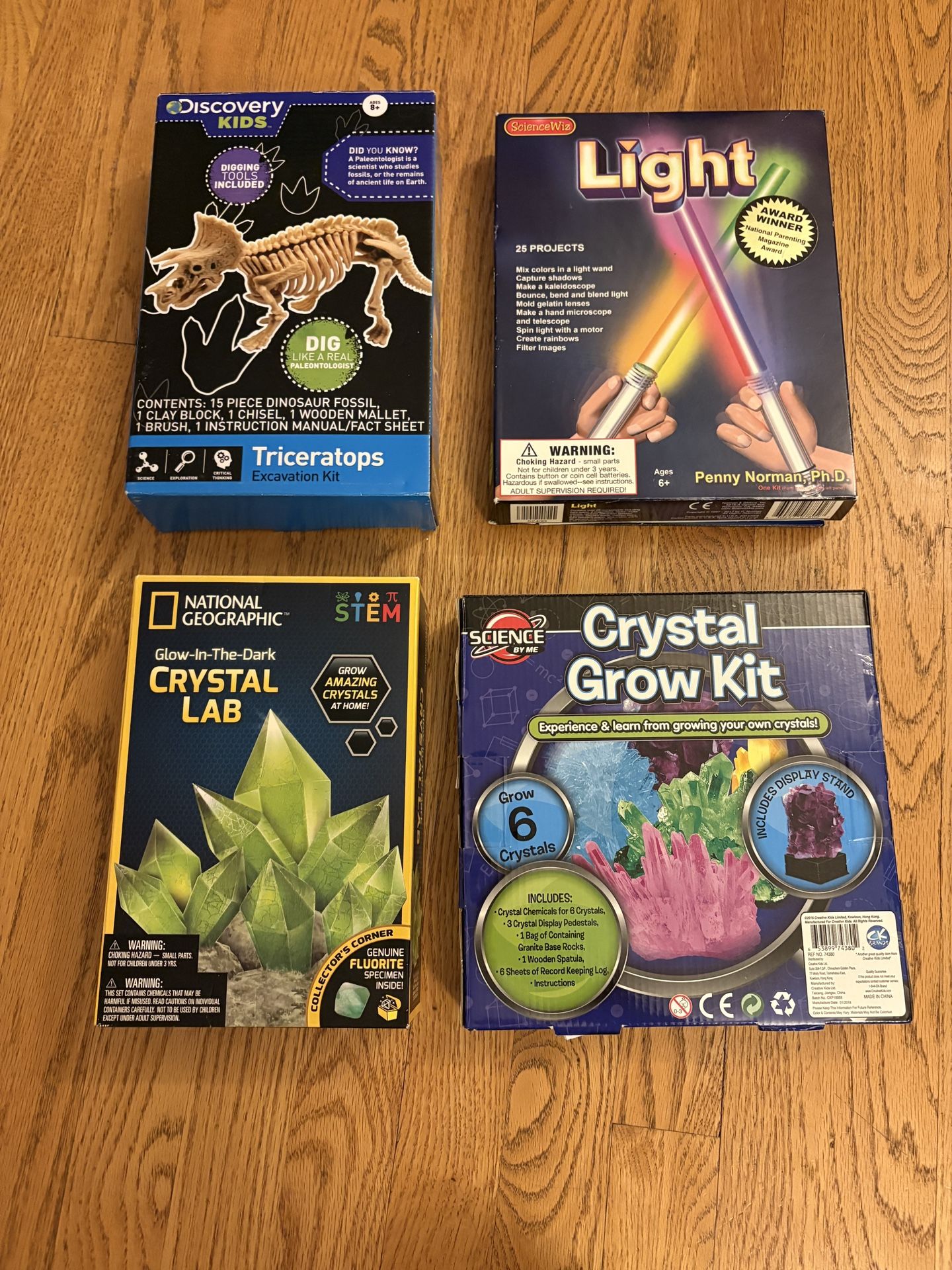 Educational kits (dinosaur excavation, light kit, 2 crystal growing kits)