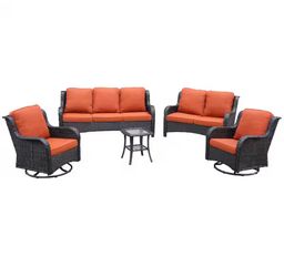 Monet Brown 5-Piece Wicker Patio Conversation Seating Sofa Set with Orange Red Cushions and Swivel Rocking Chairs, New In Box