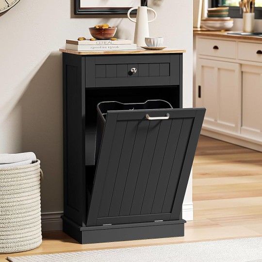 L217 13 Gallons Tilt Out Trash Cabinet Kitchen Waste Bins Free Standing Laundry Hamper Recycling Cabinet Trash Can Holder with Hideaway Drawer Pe