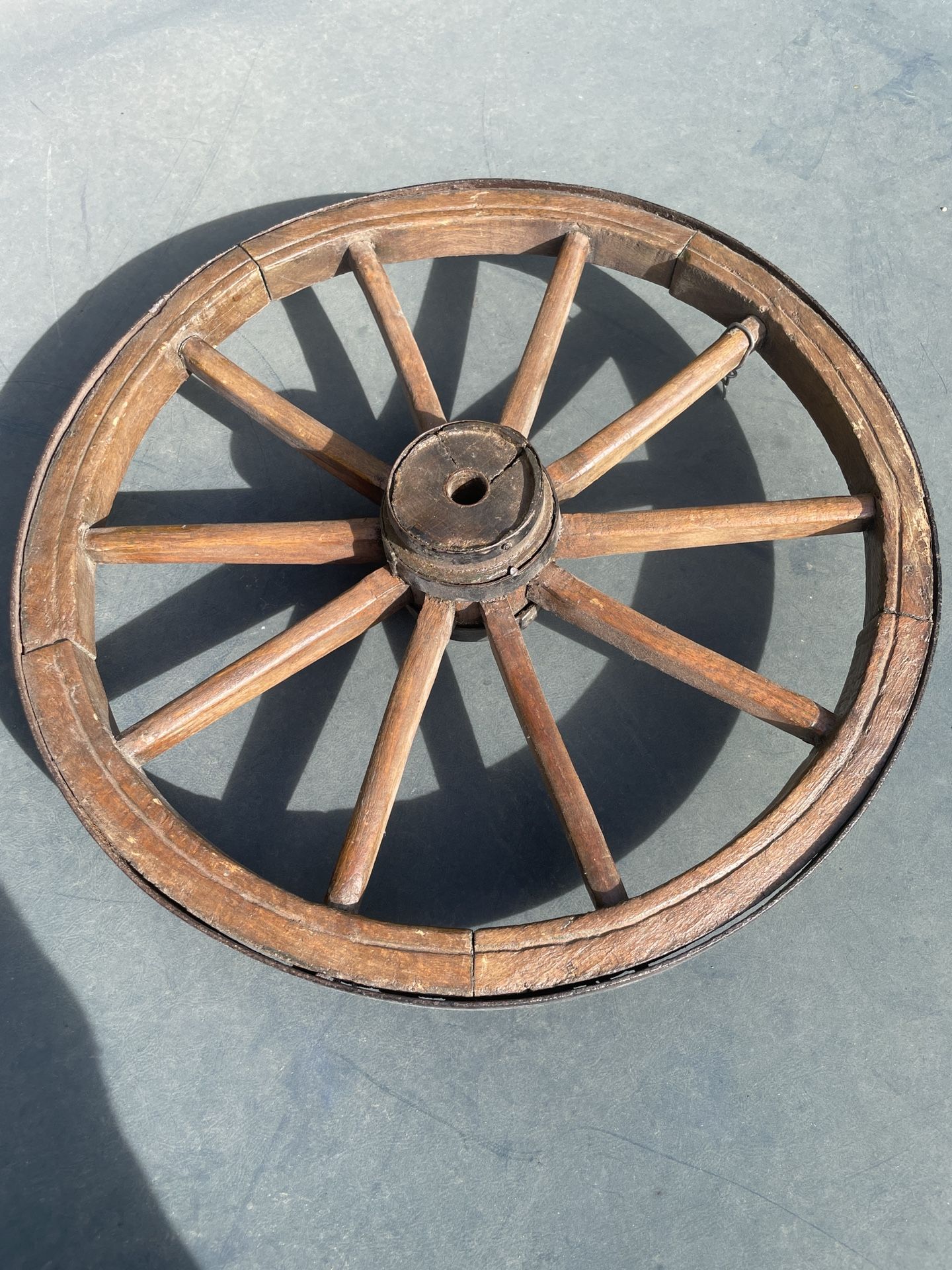 Antique Vintage Wooden Wagon Wheel From Europe With Metal Banding - 17.5” Diameter- 1 1/14 Steel Band And 4” Hub - Amazing Piece
