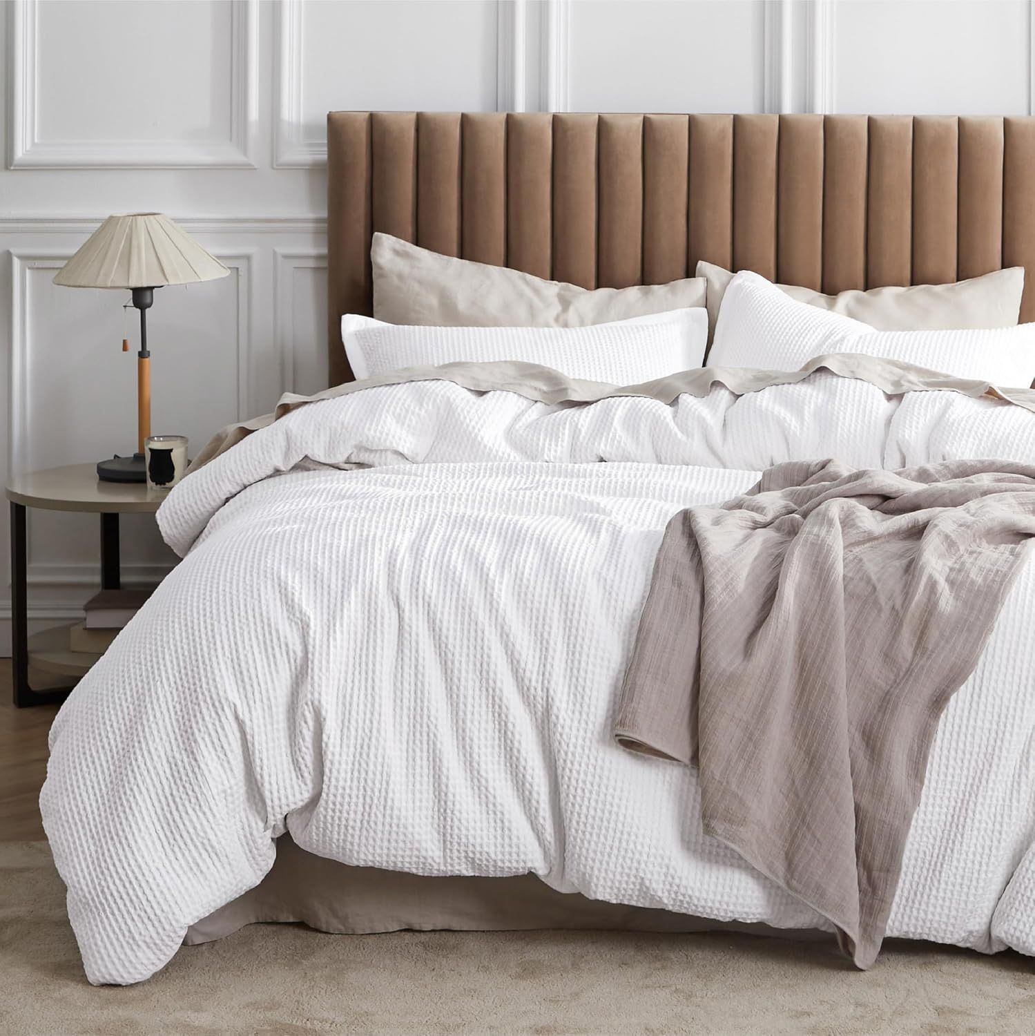 Bedsure Duvet Cover - 100% Cotton Waffle Weave Bright White King Size - 3 Pieces
