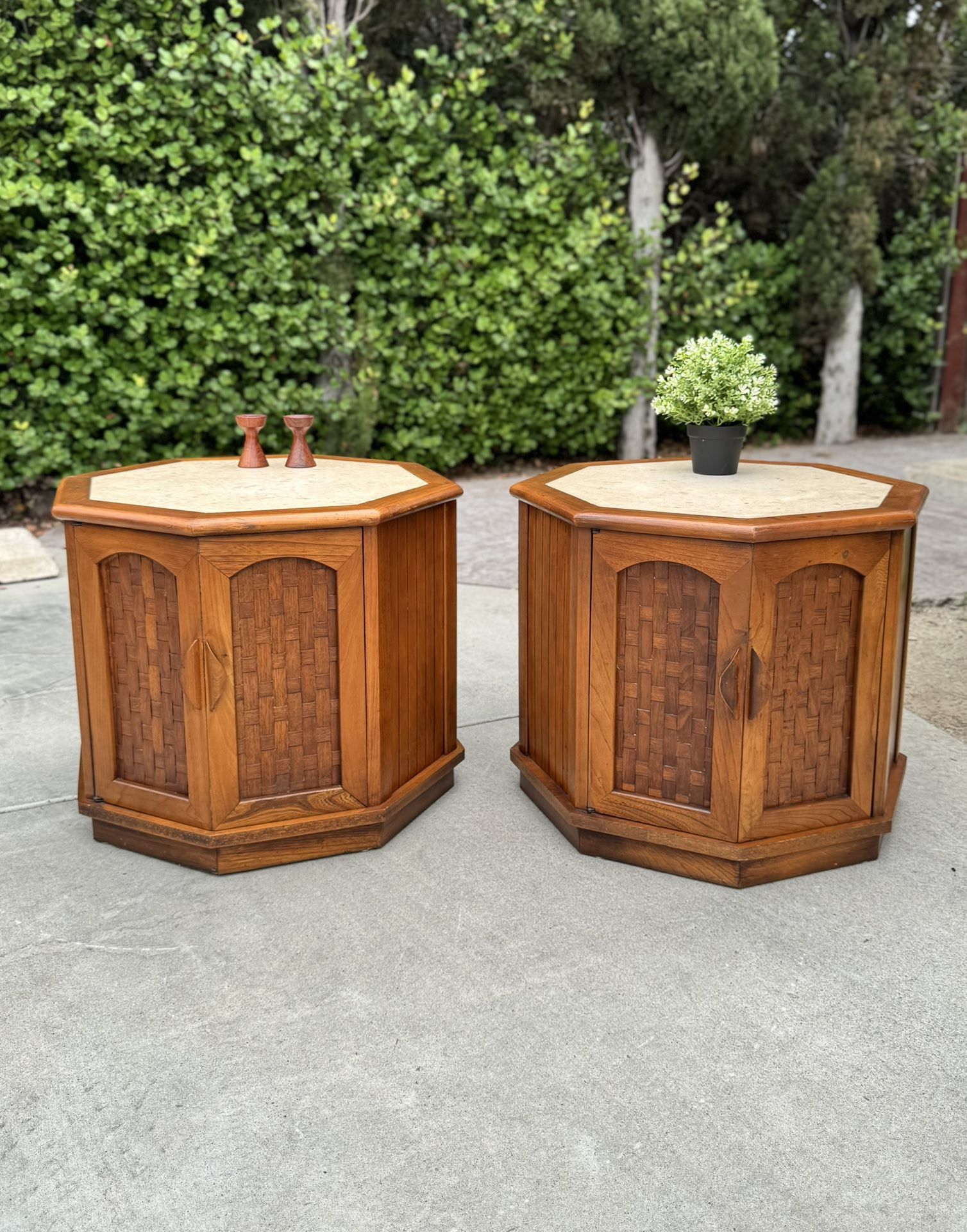Mid Century Modern Pair (Set 2) Wood Marble End Side Table Nightstand