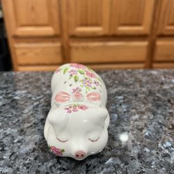 Vintage Ceramic Pig Figurine Handpainted Pink Floral Closed Eyes Cottagecore 1970s Avon.   Scent container with holes on top.  Preowned good condition