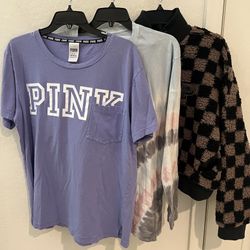 Victorias Secret PINK lot of 3 Tops Shirts Fleece Sweatshirt Sz L 