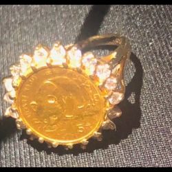 24k 1987 Chinese  Panda Coin Ring with Diamond Bezel