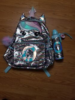 Brand new Justice Unicorn Sequin Backpack with matching water bottle Letter O