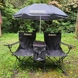 Dual Collapsible Suburu Camping Chairs with Center Cooler and Umbrella Shade