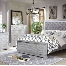 Brand New Silver 4pc Queen Bedroom Set (Available In Eastern King)