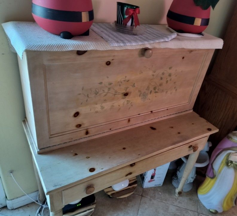 Solid Wood, Secretary Desk with Flowers Design,  Desk with Drawer, Lots of Room, Large and Spacious, Includes Desk Chair, Bone Color, Great Condition.