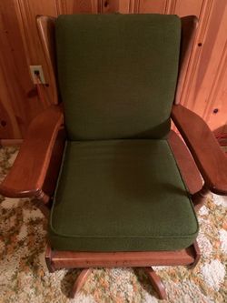 Mid-Century Swivel Rocker Wood Frame Green Fabric Cusions