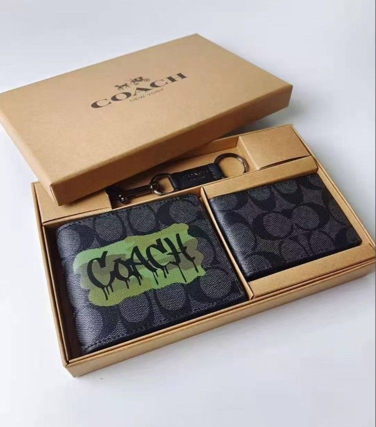 COACH Men's Mini Wallet with Brand Logo Print, Flap Closure, Coated Canvas, in Charcoal with Black