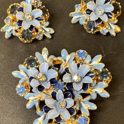 1950s Blue Enamel Rhinestone Flower Cluster Brooch & Earring Set