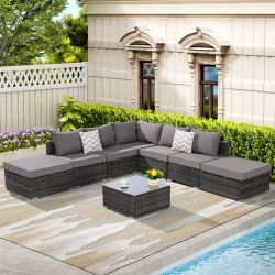 8 Pieces Outdoor Patio Sectional Sofa Couch,Wicker Furniture Conversation Sets with Washable Cushions & Glass Coffee Table for Garden, Poolside, Backy