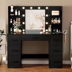 Makeup Vanity With Lights in 3-Colors, Vanity Desk with Large Mirror, Drawers and Shelves, Black