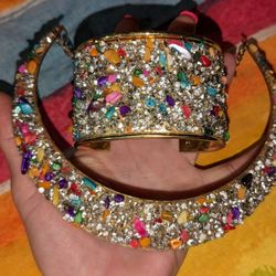Matching Multicolor Vintage Cuff And Necklace Set
